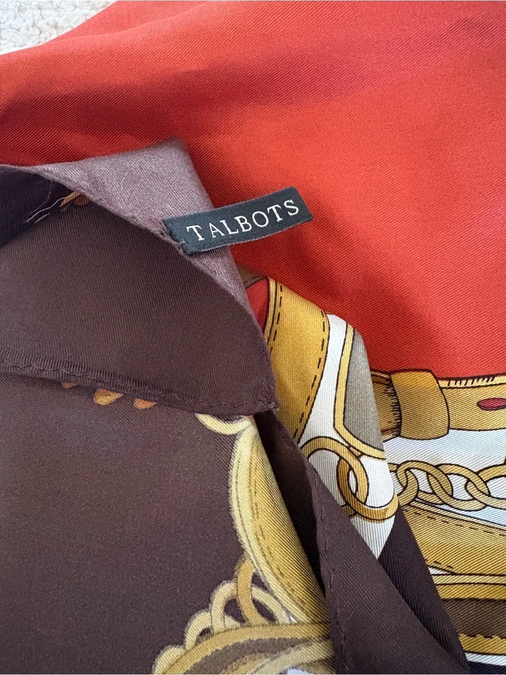 Talbots 100% Silk Equestrian Scarf Brown Red Gold Carriage Print